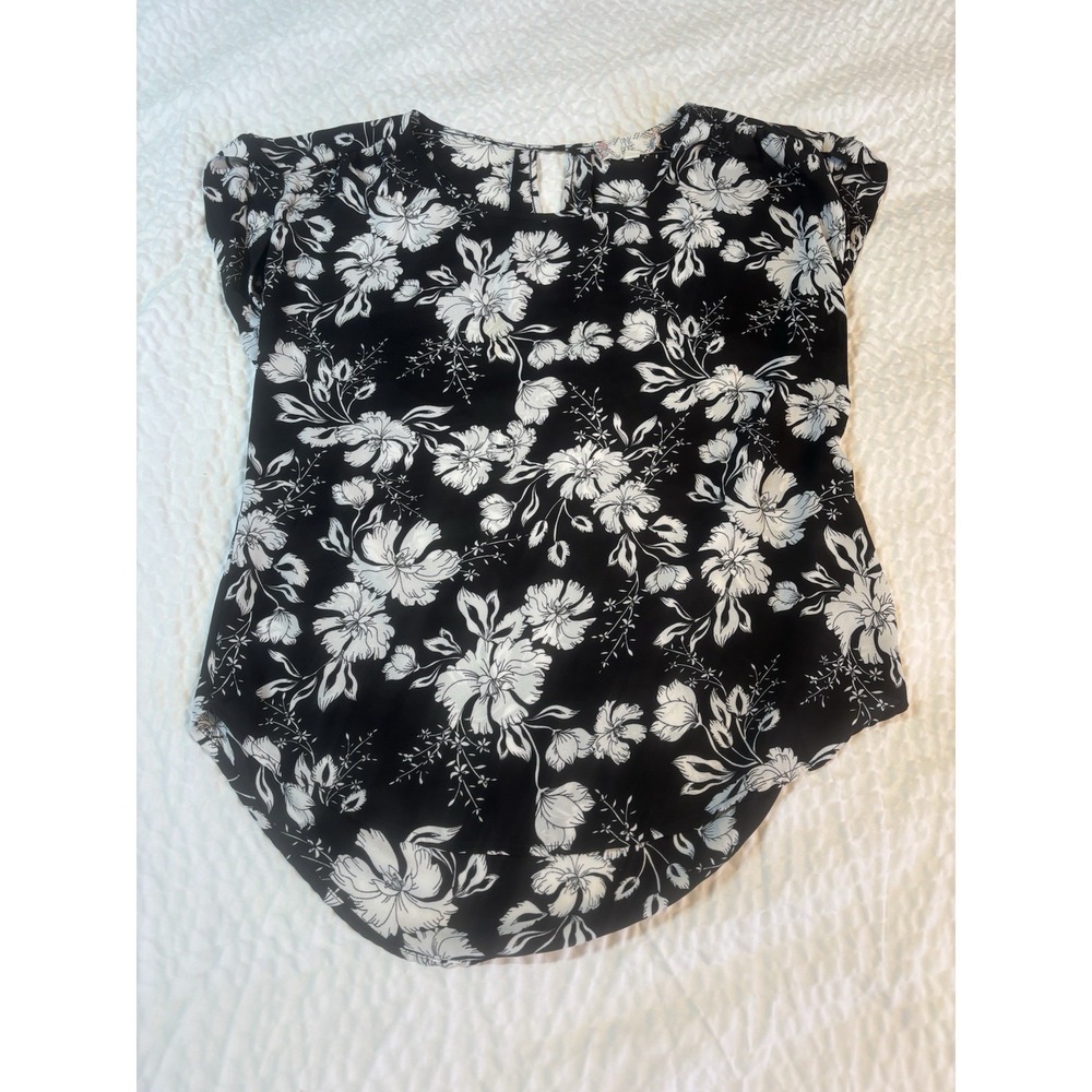Pink Rose Blouse Women's Medium Black and White Floral Top Lightweight